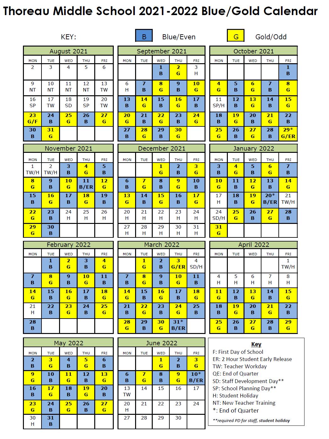 Fairfax County Calendar 2022 Blue/Gold Day Calendar | Thoreau Middle School